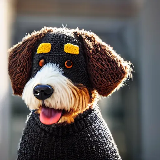 Image similar to a closeup photorealistic photograph of a cute smiling knitted bernedoodle judge dog dressed in a black gown, presiding over the courthouse. indoors, professional capture, well lit shot. this 4 k hd image is trending on artstation, featured on behance, well - rendered, extra crisp, features intricate detail, epic composition and the style of unreal engine.