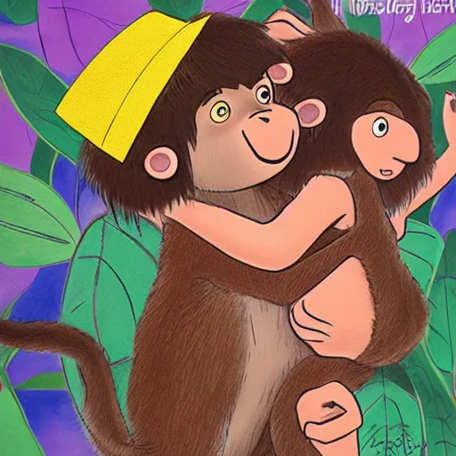 Image similar to mowgli hugging a monkey with a birthday hat on, sister, love, highly detailed