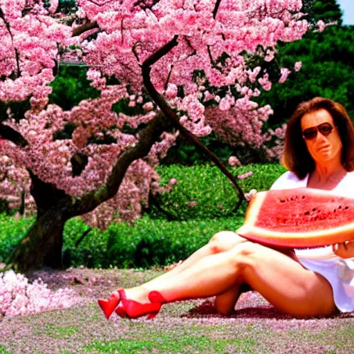 Image similar to photo, arnold schwarzenegger eats watermelon, japanese kimono, high heels, under sakura tree