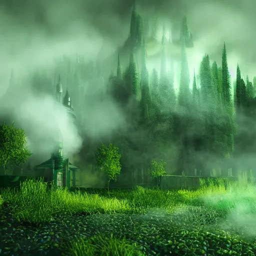 Prompt: green fog and smoke eminating from a noxious potion alchemy laboratory, master alchemist, elven potionmaker, vray smoke rendering