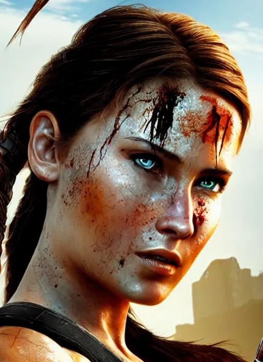 Prompt: a film still of lara croft as ninja, her face muddy and sweat, direct sun light, close up potrait, sharp and detail, cinematic,