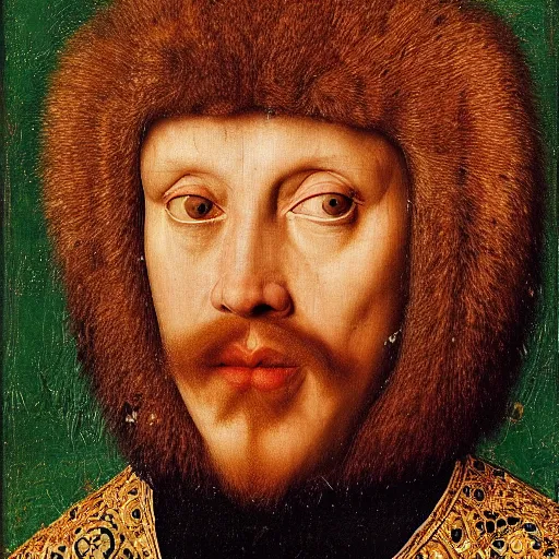 Image similar to portrait of a king with a lions head for a head, oil painting by jan van eyck, northern renaissance art, oil on canvas, wet - on - wet technique, realistic, expressive emotions, intricate textures, illusionistic detail