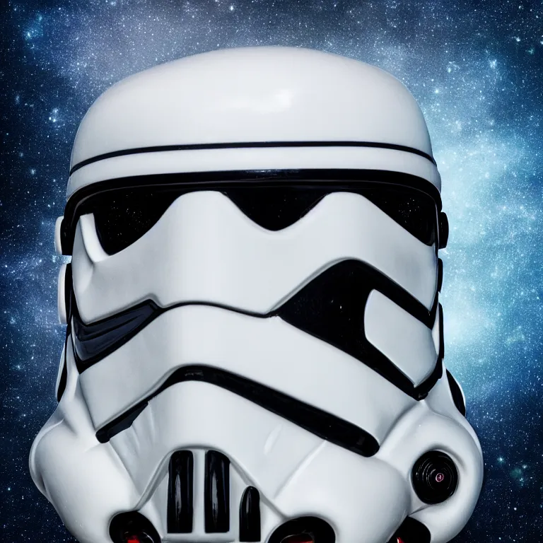 Image similar to stormtrooper darth vader hybrid from star wars, high quality portrait photoshoot, bokeh, studio lighting, high fashion photoshoot, nebula space background, 8 k