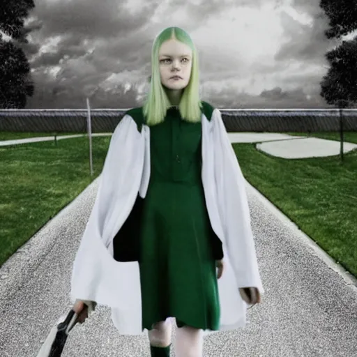Prompt: elle fanning as a slytherin student in the style of the video stranger things, paprika, white on silver on green