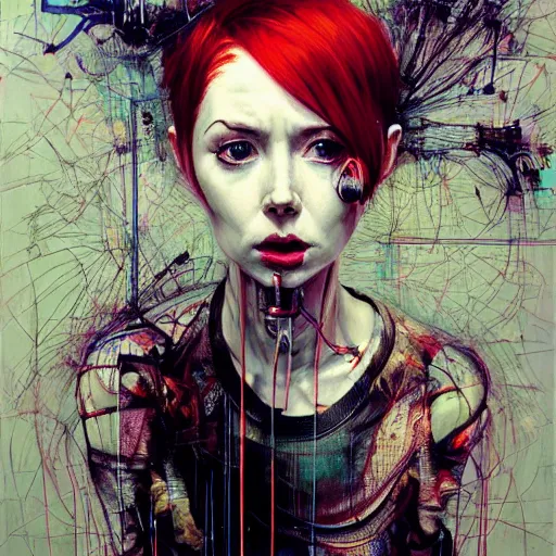 Prompt: karen gillan cyberpunk dreaming, wires cybernetic implants, in the style of adrian ghenie, esao andrews, jenny saville,, surrealism, dark art by james jean, takato yamamoto