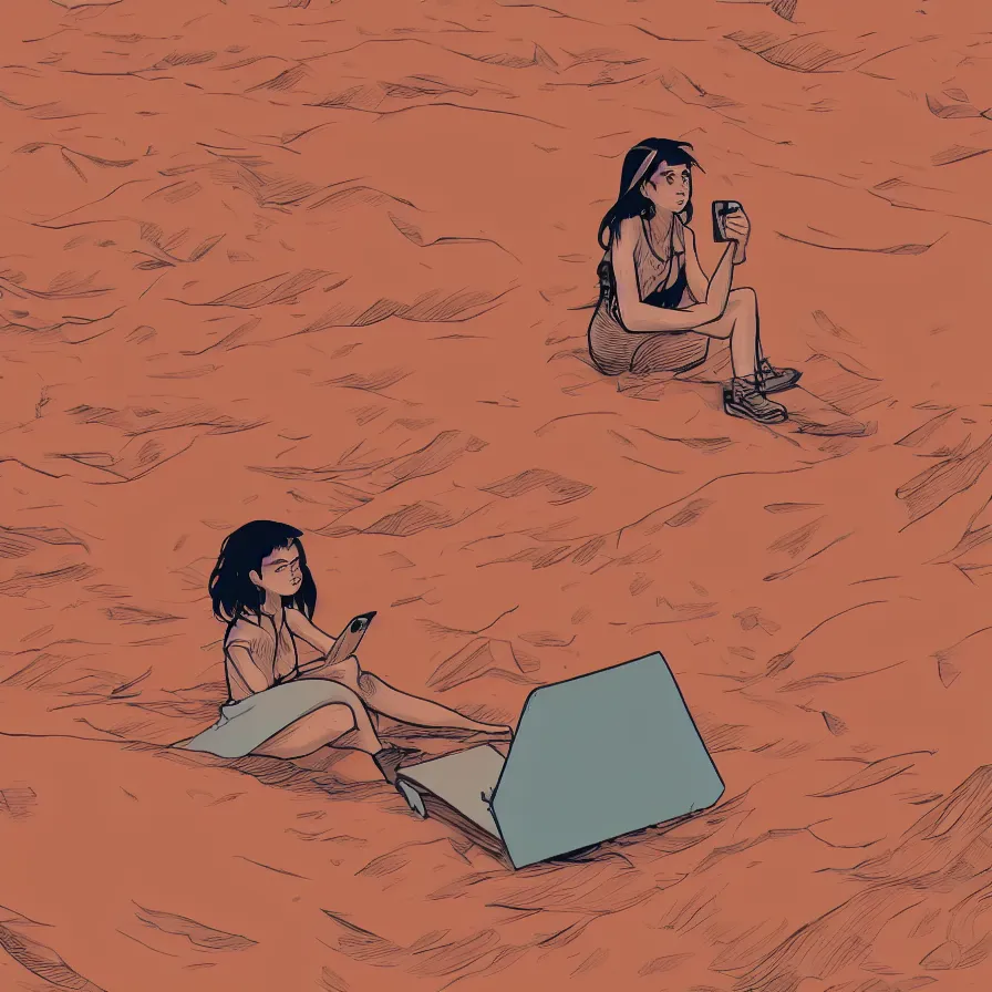 Image similar to very detailed, prophet graphic novel, ilya kuvshinov, mcbess, rutkowski, simon roy, illustration of a girl sitting alone on the surface of mars while staring at her phone, wide shot, colorful, deep shadows, astrophotography, award winning