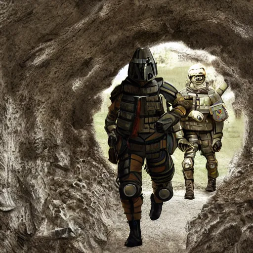 Image similar to photo, an ultra - tactical combat army schnauzer in futuristic battle armor with bandoliers and ammo pouches and boots and goggles, inside a rocky alien tunnel, volumetric lighting, ultradetailed