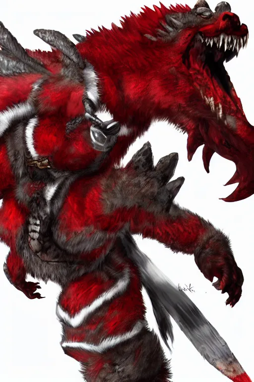 Image similar to Draconic crimson red bear with white stripes, Monster Hunter, CAPCOM, HD, trending on artstation, D&D, Dark Fantasy, Epic Fantasy, Dragon's Dogma