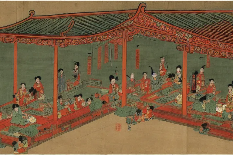 Image similar to a bustling tea house in the ming dynasty, lit by paper lanterns, at night, fantasy art