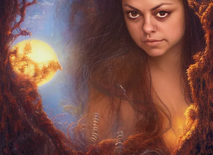 Image similar to big-eyed surprised Mila Kunis staring intensely into the camera, sundown golden hour firefly wisps, Lilia Alvarado, Sophie Anderson, Mark Arian, Bob Byerley, Charlie Bowater, Mark Brooks, Steve Henderson, Justin Gerard, Arthur Hughes, Edward Robert Hughes, Mark Keathley, Victor Nizovtsev, Carlos Shwabe, Ross Tran, WLOP