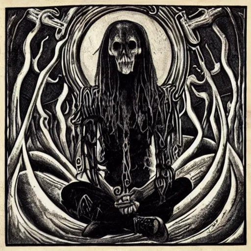 Prompt: cover art for black metal music, no words, no letters, only art, eerie, horror, sinister