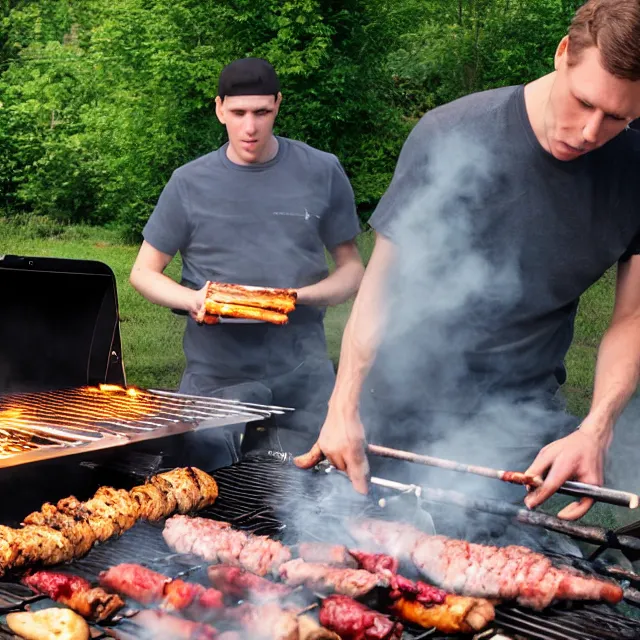 Image similar to a photograph of jerma 9 8 5 having a barbecue