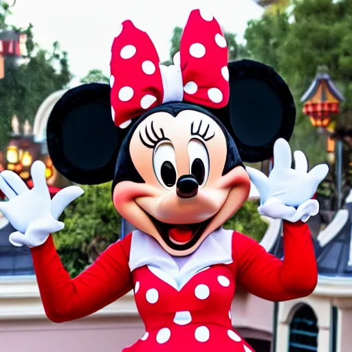 Prompt: the Minnie Mouse character at Disneyland giving you the middle finger