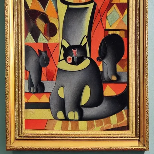 Image similar to Cats and elephants oil on canvas, by Corneille,