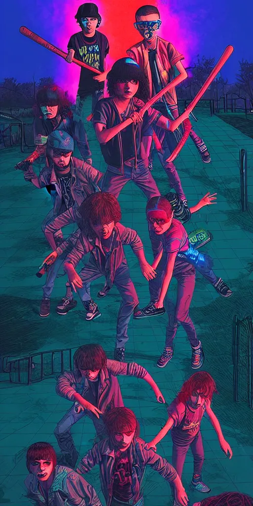 Image similar to young punk rockers fighting against zombies at the playground, by baseball bat in the retro wave stranger things style, neon colors, hyper detailed, digital art, cinematic lighting, concept art by artgerm and greg rutkowski and caravaggio and moebius and jakub rebelka, 8 k