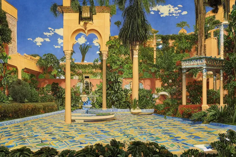 Prompt: painting of a beautiful moorish palace courtyard garden, by maxfield parrish and evelyn de morgan and waterhouse and dante rossetti, patterned tilework, palm trees, tiled fountains, sun and shade, extremely detailed, dramatic cinematic lighting, smooth sharp focus, featured on artstation