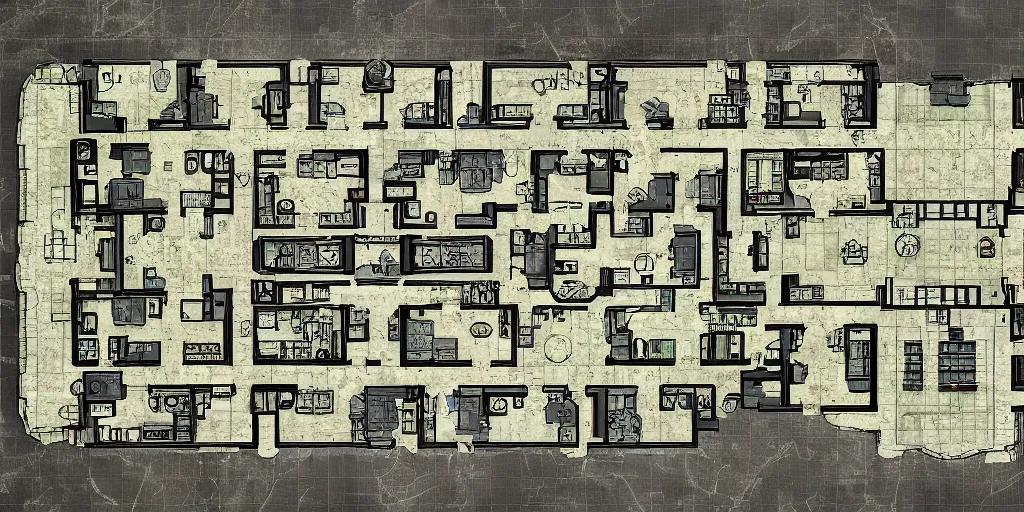 Prompt: small architectural floor plan gears of war map meets architectural floor plan call of duty map, symmetrical outpost