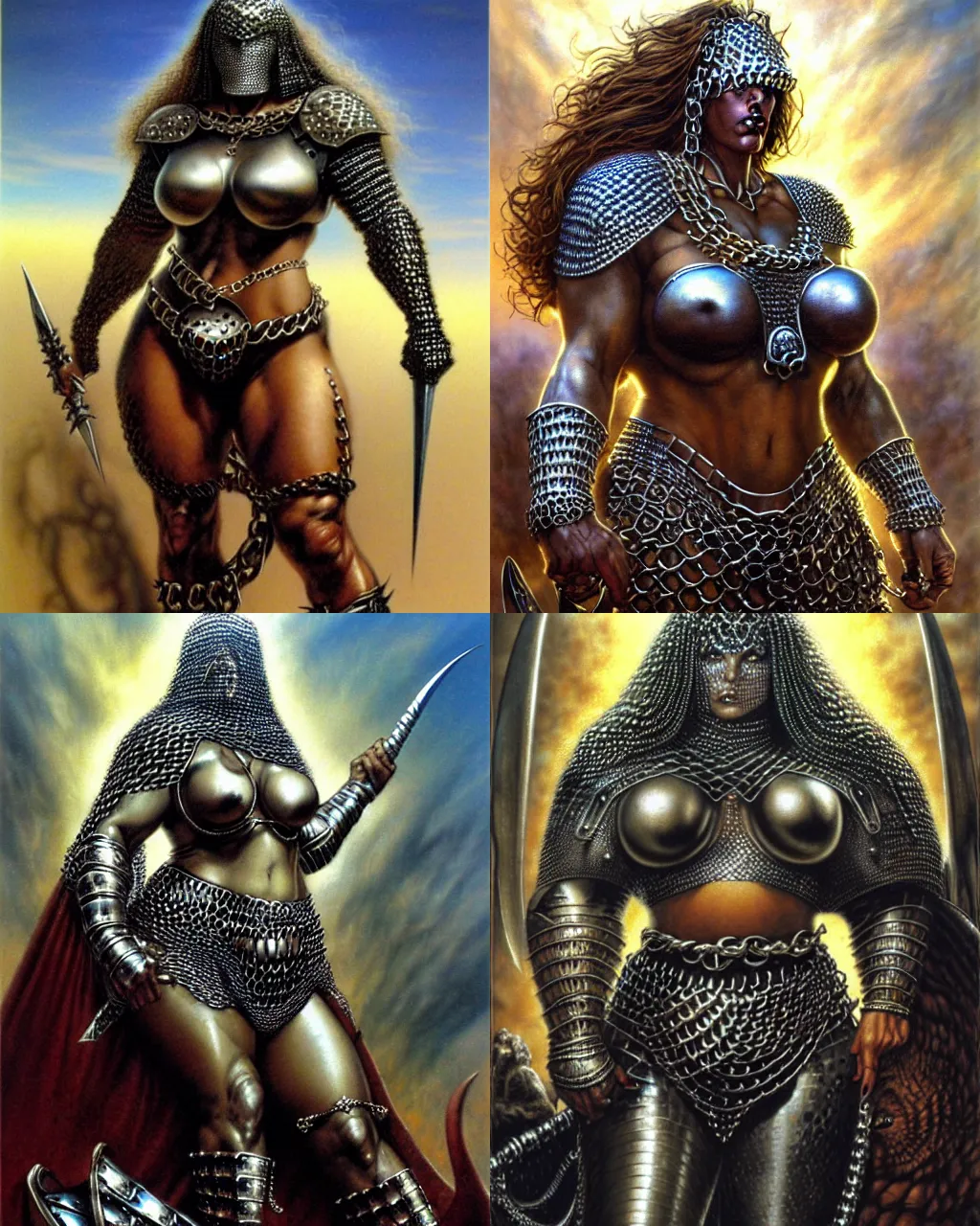 Prompt: a large woman wearing chain mail, heavy looking, powerful, imposing presence, by greg staples and boris vallejo, highly detailed, hyperrealistic, dark skin, desert lands, sharp focus, soft lighting, centered