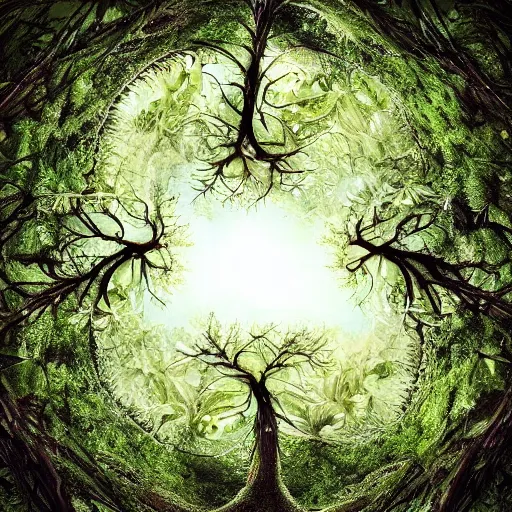 Prompt: world tree, massive tree, tree, roots, treant, subtle patterns, intricate texture, highly detailed, alien world, fungal, underwater, light shafts, light diffusion, natural, fireflies, magical, magical tree, fungal growth, fractal fungus, mushroom fractals, tree house, fairies, fairy forest, machine elves, forest portal, cultists, cult ritual, sacrifice, altar, sacrificial altar