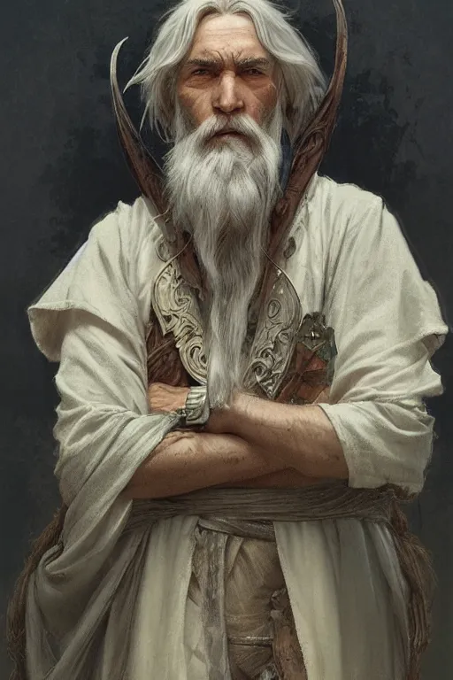 Prompt: a highly detailed portrait painting of an elderly healer elf male, long white beard, long elf ears, by greg rutkowski and alphonse mucha, sharp focus, matte, concept art, artstation, digital painting