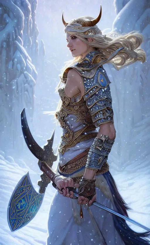 Image similar to opal viking warrior, regal, elegant, winter, snow, beautiful, stunning, hd, illustration, epic, d & d, fantasy, intricate, elegant, highly detailed, wide angle, digital painting, artstation, concept art, smooth, sharp focus, illustration, wallpaper, art by artgerm and greg rutkowski and alphonse mucha and jin xiaodi