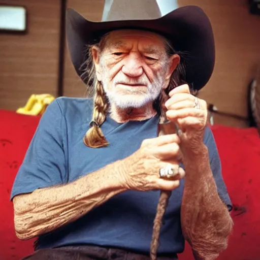 Image similar to willie nelson having a smoke in his trailer.