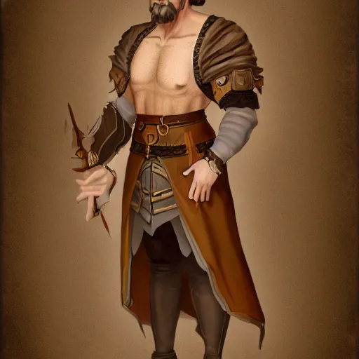 Image similar to 5 0 years old man, tall, stocky : fantasy : : brown hair, sympathetic, short brown beard : noble medieval clothing : : high detail, digital art, rpg, concept art, illustration