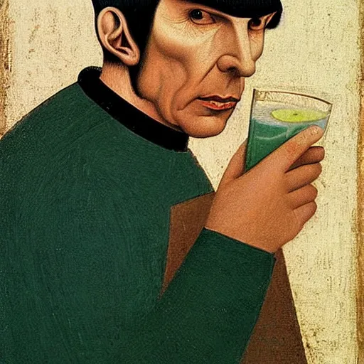 Prompt: portrait of spock drinking a tropical beverage, painting by leonardo da vinci