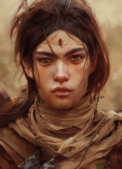 Prompt: portrait of desert warrior by krenz cushart, detailed face, close - up, fantasy, oil painting, featured on pixiv, highly detailed, elegant, sharp focus