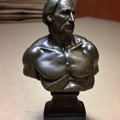 Image similar to “ Vince Gillian, better call Saul, highly detailed, realistic, marble bust, Michelangelo sculpture, very old, very dusty”
