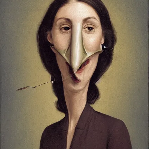 Prompt: a woman with a long crocodile snout attached to her face, realistic portrait