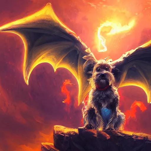 Image similar to a painting of a dog with dragon wings, hd, hdr, ue 5, ue 6, unreal engine 5, cinematic 4 k wallpaper, 8 k, ultra detailed, high resolution, artstation, award winning