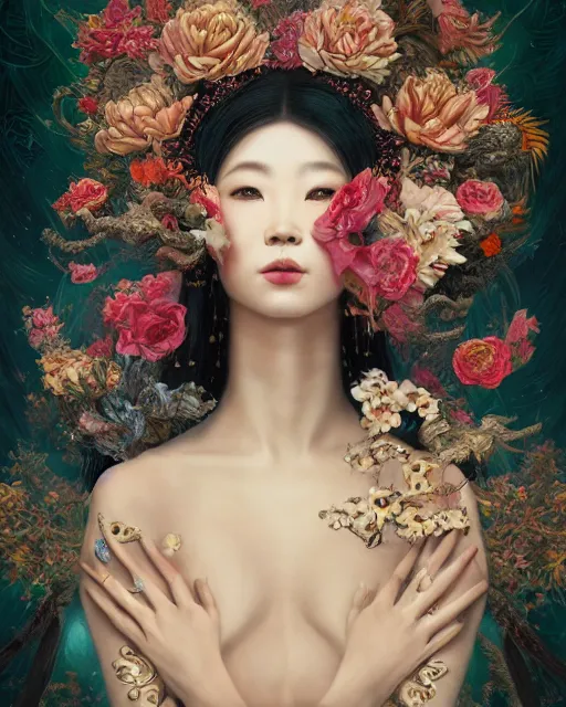 Image similar to portrait of the chinese queen of the underworld, surrounded by flowers by karol bak, james jean, tom bagshaw, rococo, sharp focus, trending on artstation, cinematic lighting, hyper realism, octane render, 8 k, hyper detailed.