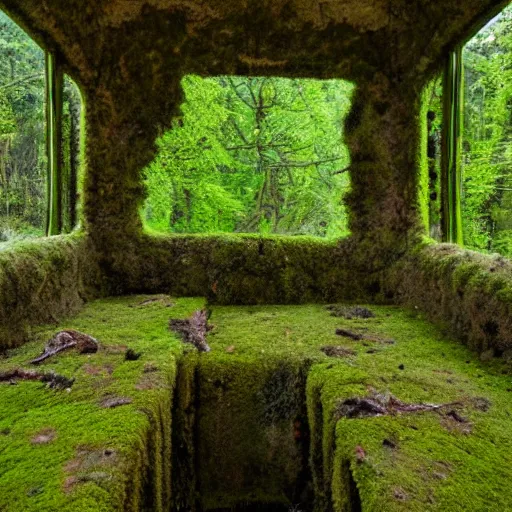 Prompt: ancient buss ruins interior covered with moss and twigs