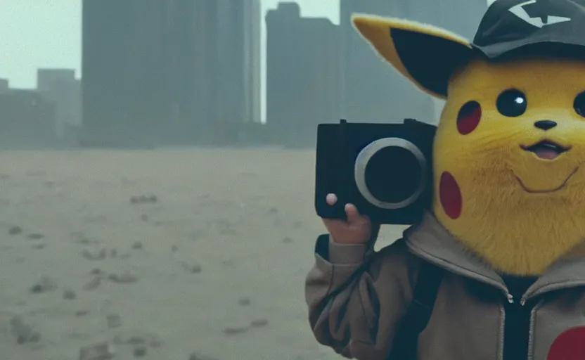 Image similar to cinestill 5 0 d candid photographic portrait by helen levitt of pikachu wearing black rugged techwear on a desolate plain, extreme closeup, modern cyberpunk moody emotional cinematic, dust storm, 8 k, hd, high resolution, 3 5 mm, f / 3 2, ultra realistic faces, detective pikachu ( 2 0 1 9 )