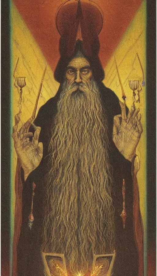 Prompt: the emperor, tarot design, taurus, mars energy, ankh scepter in his hand, wisdom, long white beard, agostino arrivabene