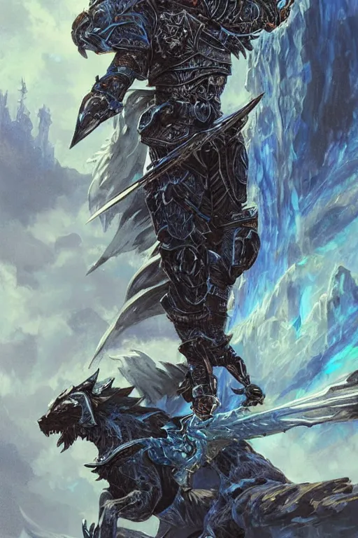 Image similar to Fantasy knight wearing an intricate azure wolf themed full plated armor, moonlit, HD, illustration, epic, D&D, fantasy, intricate, elegant, highly detailed, digital painting, artstation, concept art, smooth, sharp focus, illustration, art by artgerm and greg rutkowski and alphonse mucha, monster hunter illustrations art book