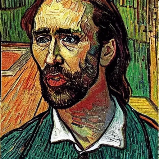 Prompt: nic cage in the last supper as painted by vincent van gogh