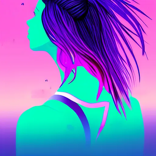 Image similar to a award winning action upper body portrait of a beautiful woman with a ombre purple pink hairstyle with head in motion and hair flying, choker, outrun, vaporware, vivid colors, highly detailed, fine detail, intricate