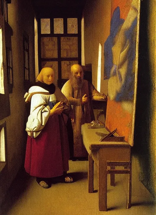 Image similar to paints, brushes, medieval painting by jan van eyck, johannes vermeer, florence