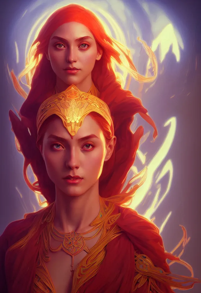 Image similar to symmetry portrait of lina, dota 2, global illumination. intricate, elegant, highly detailed, digital painting, artstation, concept art, smooth, sharp focus, illustration, art by artgerm and greg rutkowski and alphonse mucha