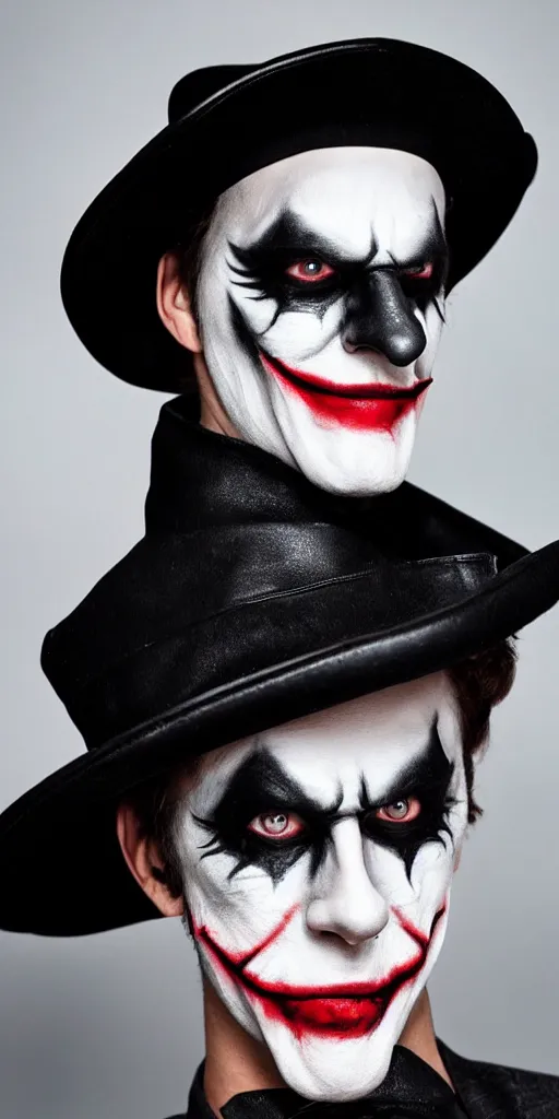 Image similar to a male model wearing a black leather hat in joker makeup, frontal view, cool looking