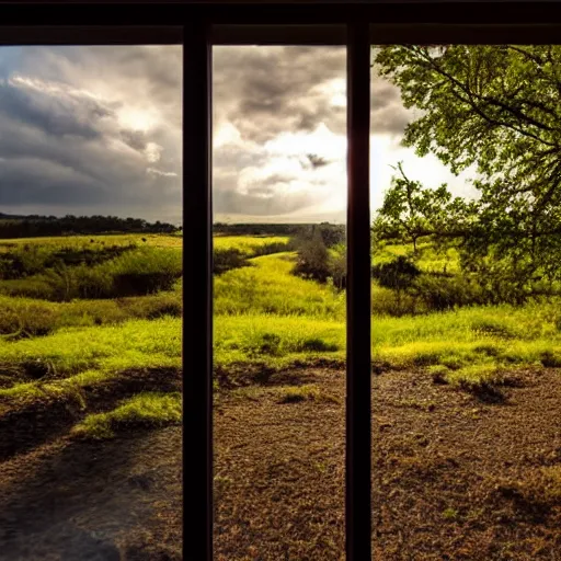 Prompt: a cinematic landscape view looking out a window into an open field with a small creek, wind blows the leaves, and the sun shines through the parted clouds