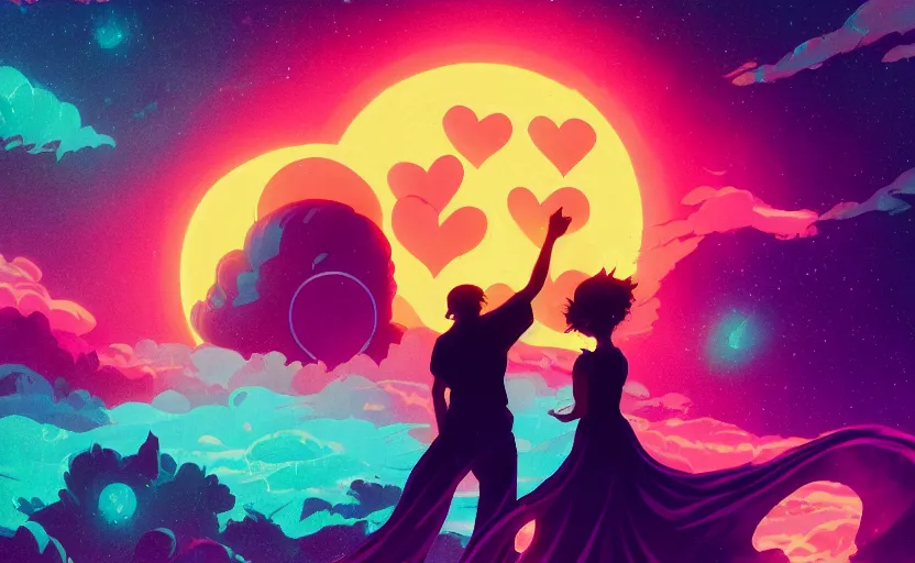 Prompt: silhouette of guy and girl pointing at giant heart and star shaped moon, ocean, synthwave flower background, gloomhaven, colorful swirly retrowave style fantasy, by lois van baarle, sachin teng, greg rutkowski, jesper ejsing, ilya kuvshinov, extremely detailed 4 k