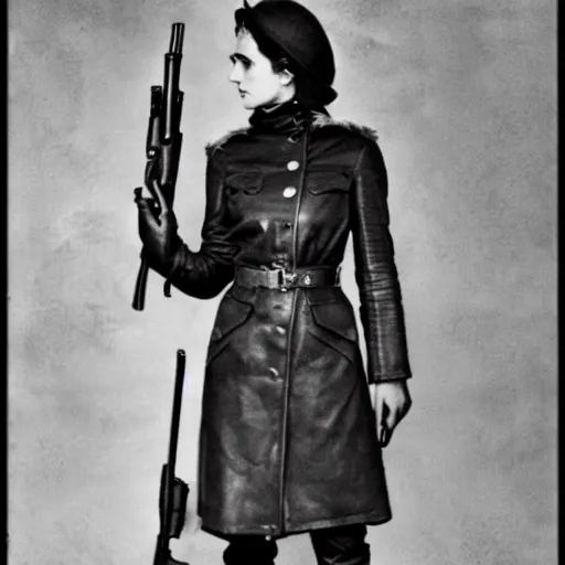 Prompt: photograph of soviet chekist comrade emma watson, posing in a long leather coat with a mauser c 9 6, vintage revolution photograph, famous photo