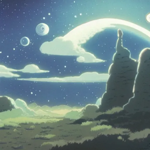 Image similar to sci - fi space landscape by studio ghibli, matte painting