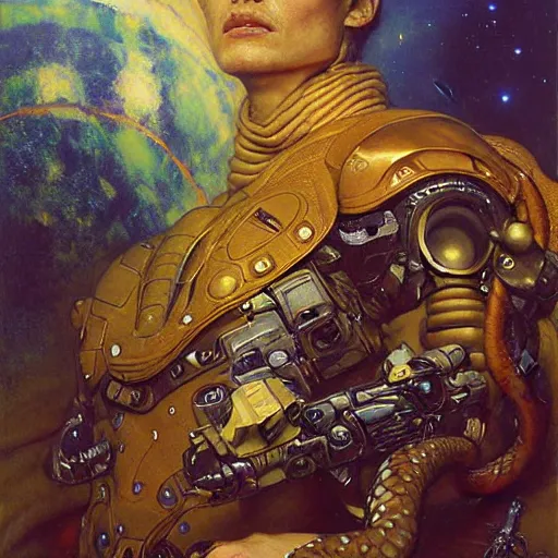 Image similar to portrait of a snake with human face wearing a space suit. shadowrun furaffiniy cyberpunk fantasy highly detailed painting by gaston bussiere craig mullins jc leyendecker gustav klimt artgerm greg rutkowski john berkey, bergey, craig mullins, ruan jia, raymond swanland, jeremy mann, tom lovell, alex malveda