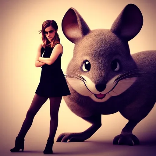 Prompt: emma watson posing next to a giant mouse, digital portrait, artstation