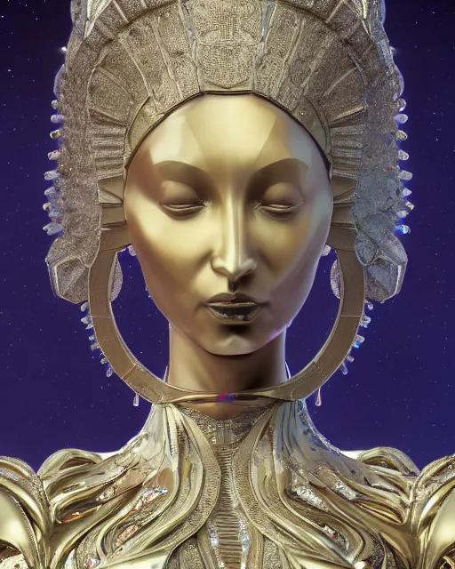 Image similar to a highly detailed metahuman 4 k close up render of an alien goddess bella hadid monument indian statue in iris van herpen dress schiaparelli in diamonds crystals swarovski and jewelry iridescent in style of alphonse mucha gustav klimt trending on artstation made in unreal engine 4