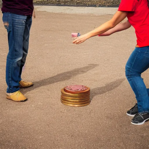 Image similar to photograph of man tossing a penny, wife in background, DSLR Photograph